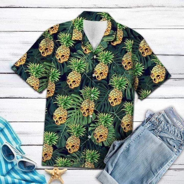 Felacia Hawaii Shirt Pineapple Skull Summer Vibe Tropical Hawaiian Aloha Shirt