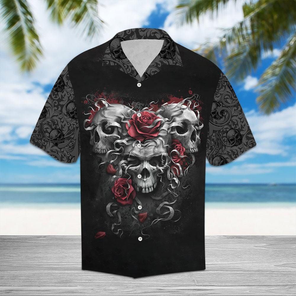 Felacia Hawaii Shirt Scary Trio Skull Red Roses Hawaiian Aloha Shirt