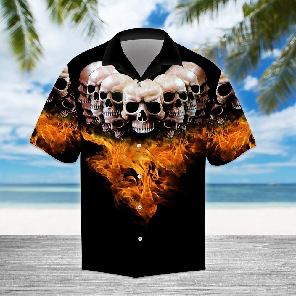 Find Skull Flaming Hot Skulls Hawaiian Shirt