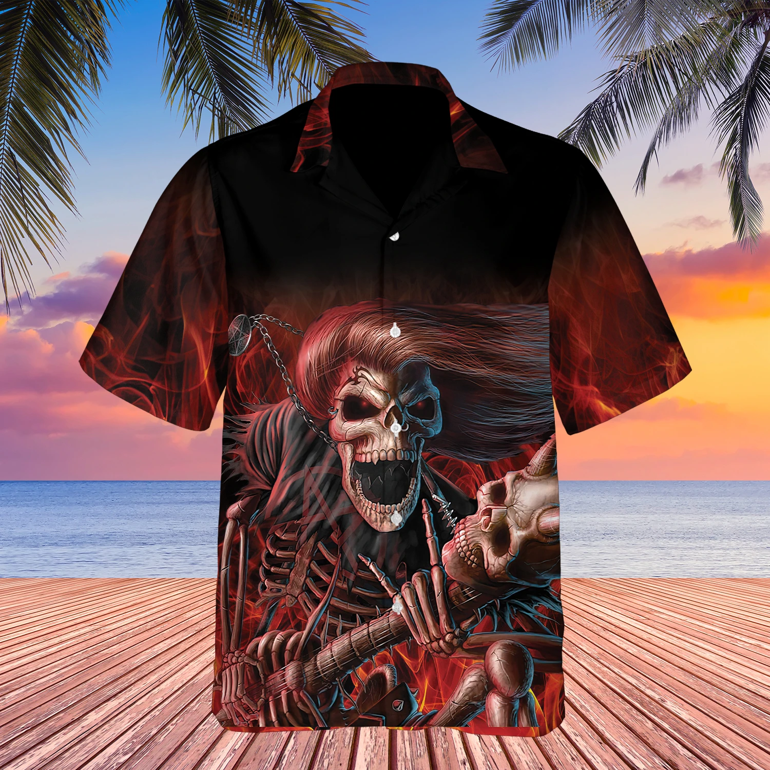 Fire Smoke Skull Play Guitar Hawaiian Shirt