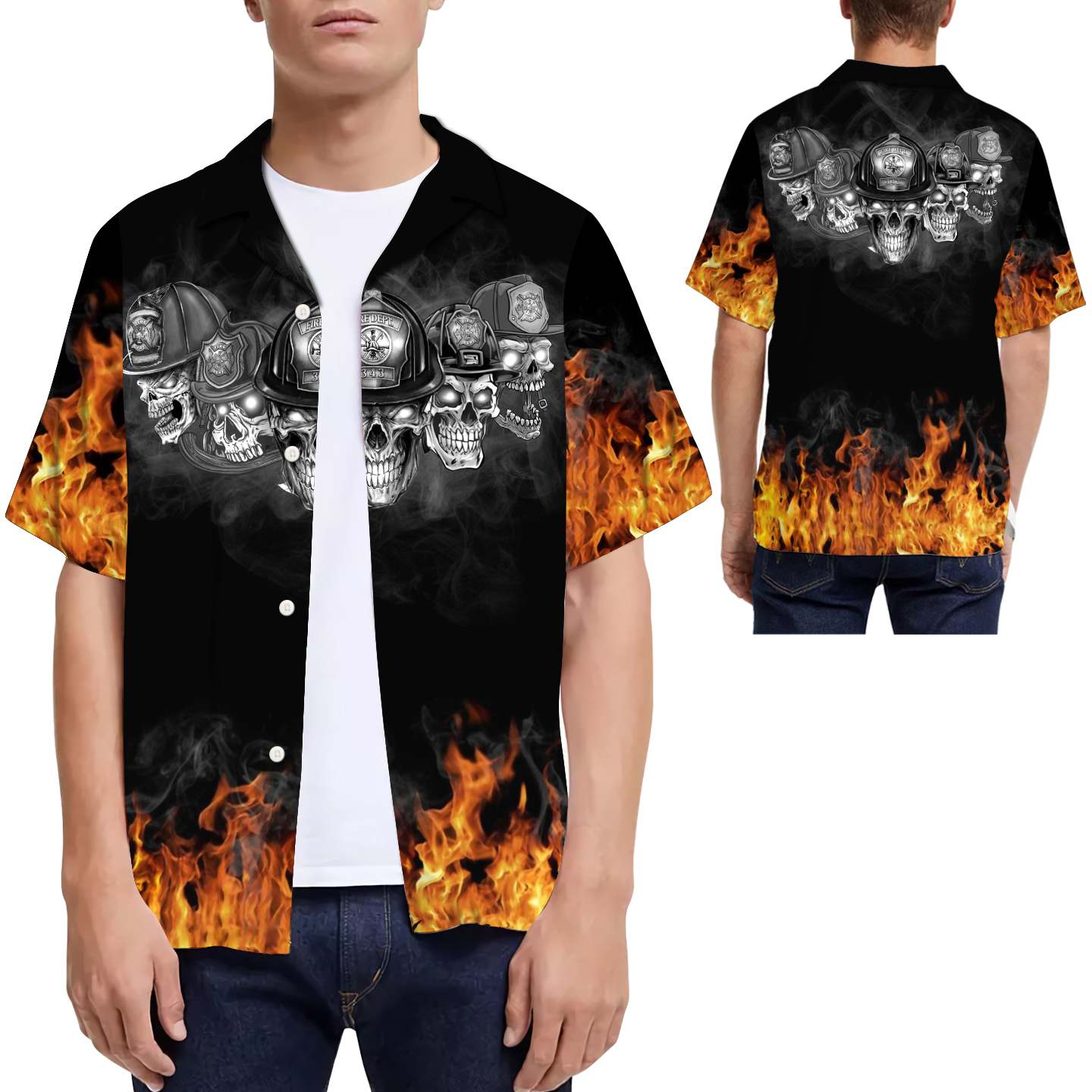 Firefighter Flame Black And White Skulls Men Hawaiian Shirt-1