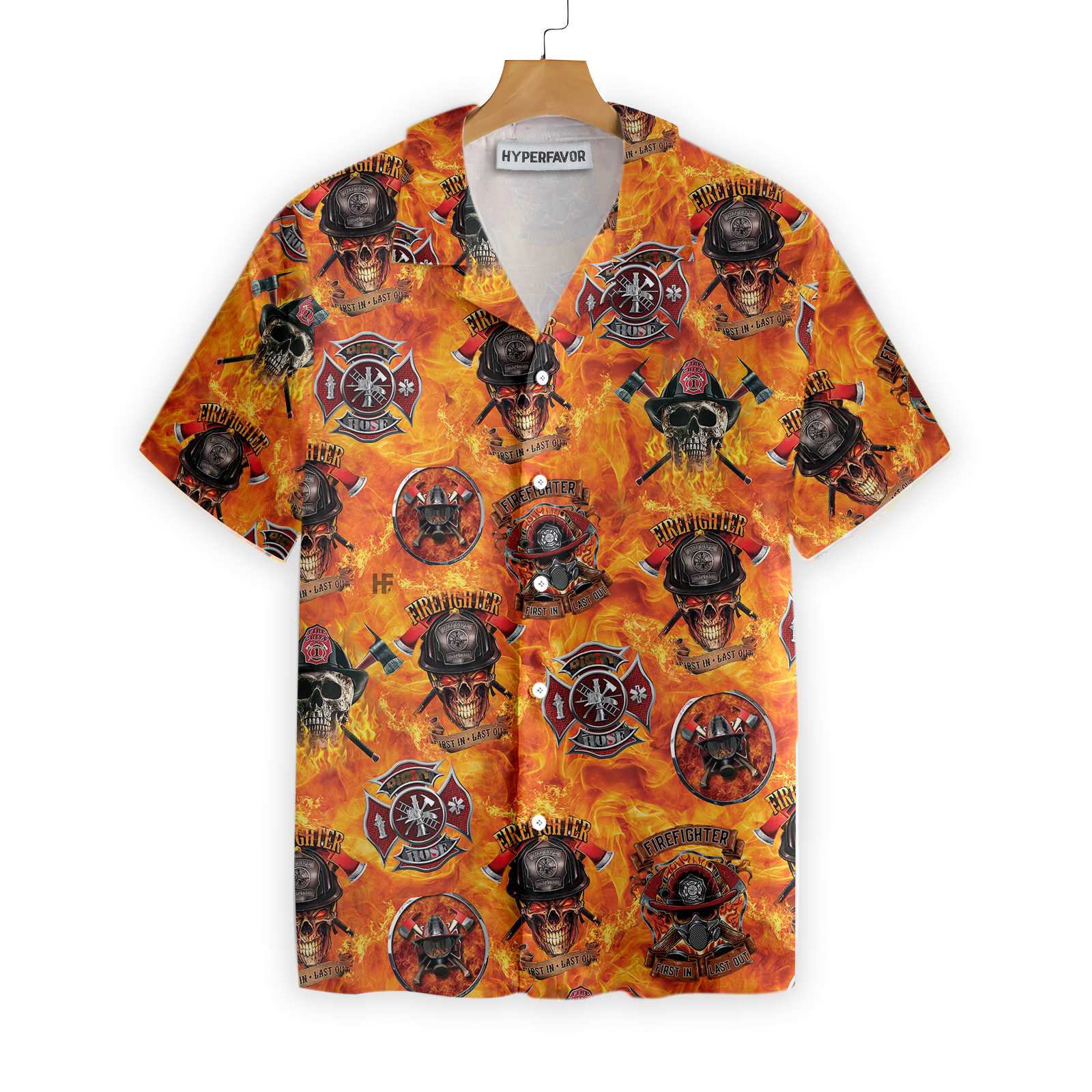 First In Last Out Firefighter Hawaiian Shirt Viking Style Flame Skull Shield Firefighter