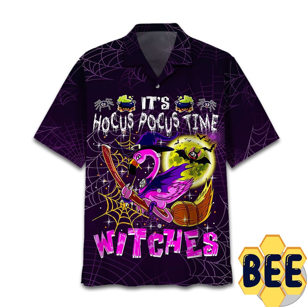 Flamingo Halloween Hocus Pocus Witches Hawaiian Shirt-1