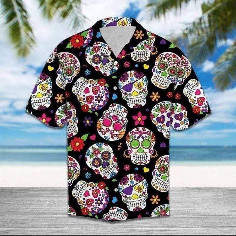 Floral Calavera Skull Wearing Sun Glasses Tropical Aloha Hawaiian Shirt