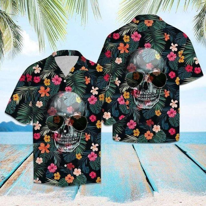 Floral Funny Skull Wearing Sun Glasses Tropical 3d Print Polyester Hawaiian Shirt