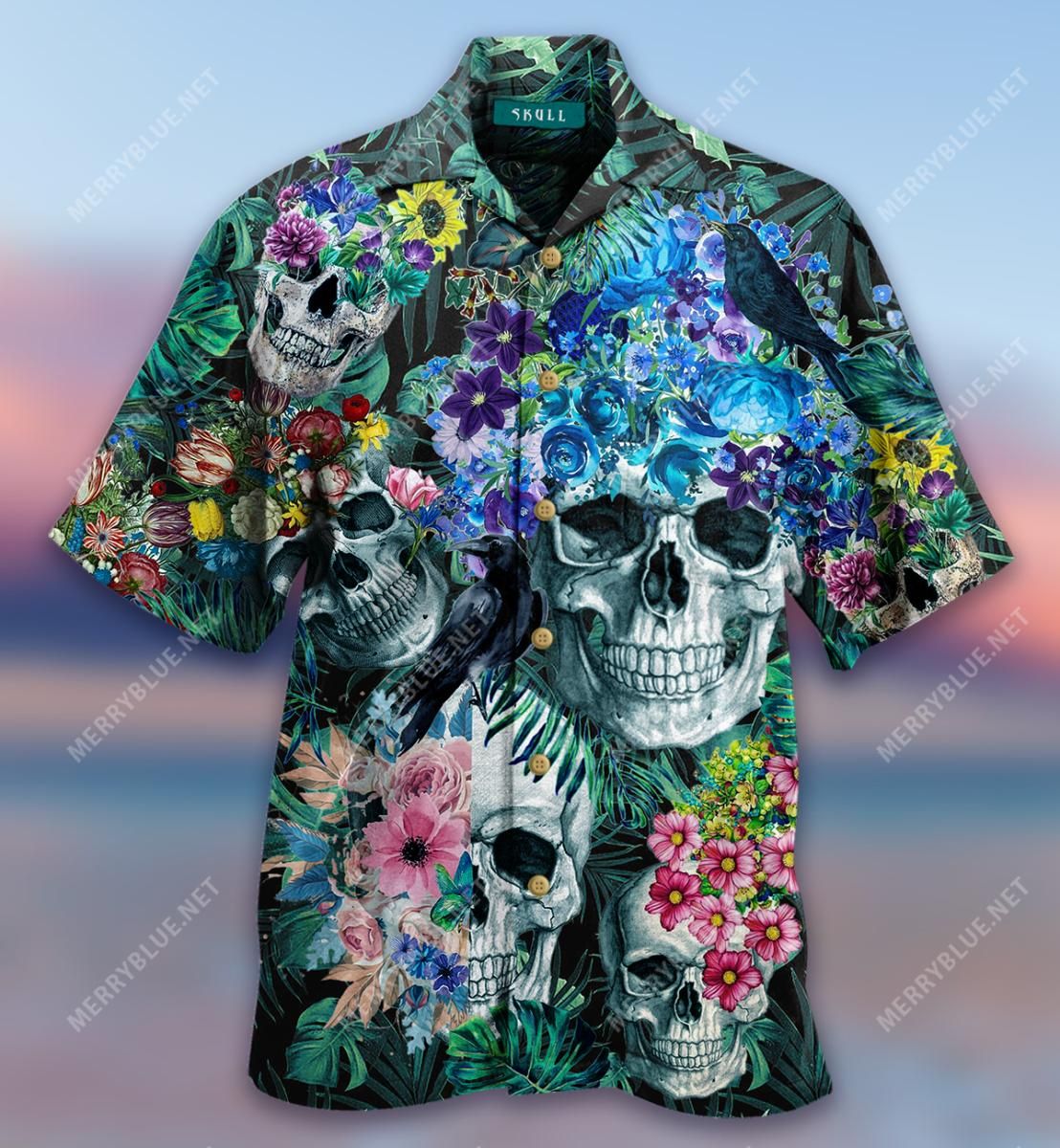 Floral Tropical Jungle Leaf Skull Aloha Hawaiian Shirt