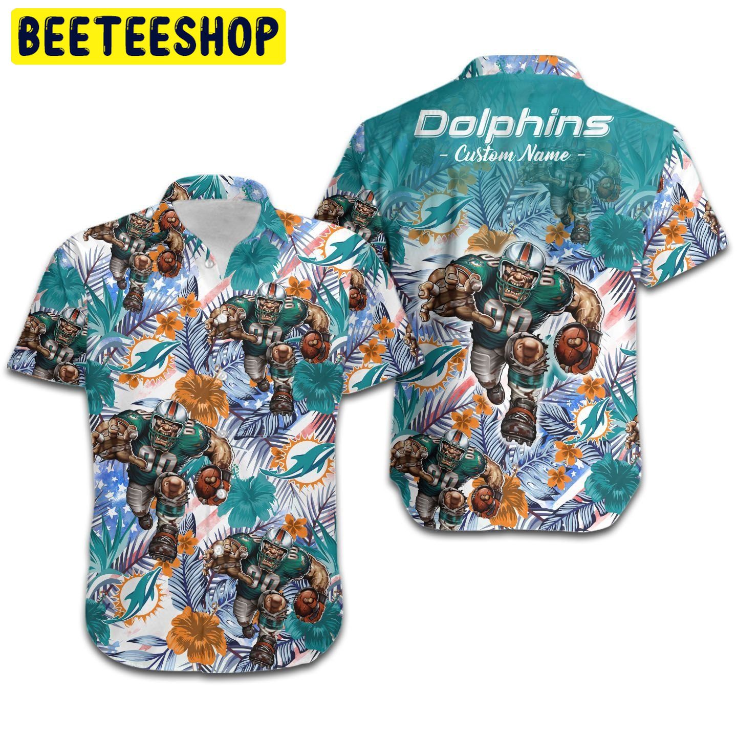 Funny Miami Dolphins Tropical Floral America Flag Custom Name Hawaiian Shirt-1