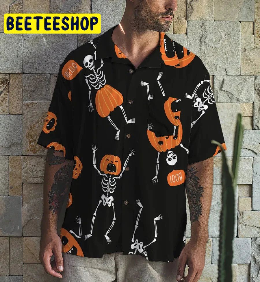 Funny Skeletons Pumpkins Halloween Trending Hawaiian Shirt-1