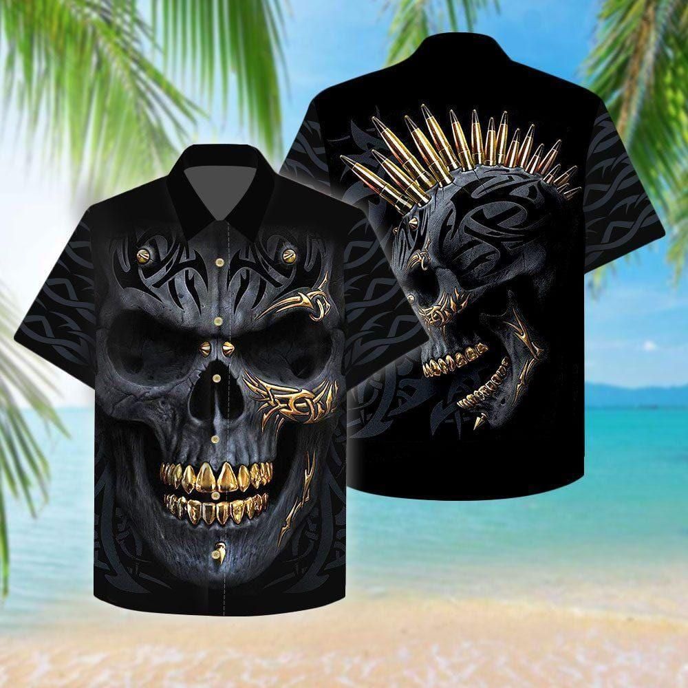 Gangster Skull Gold Bullets And Grillz Aloha Hawaiian Shirt