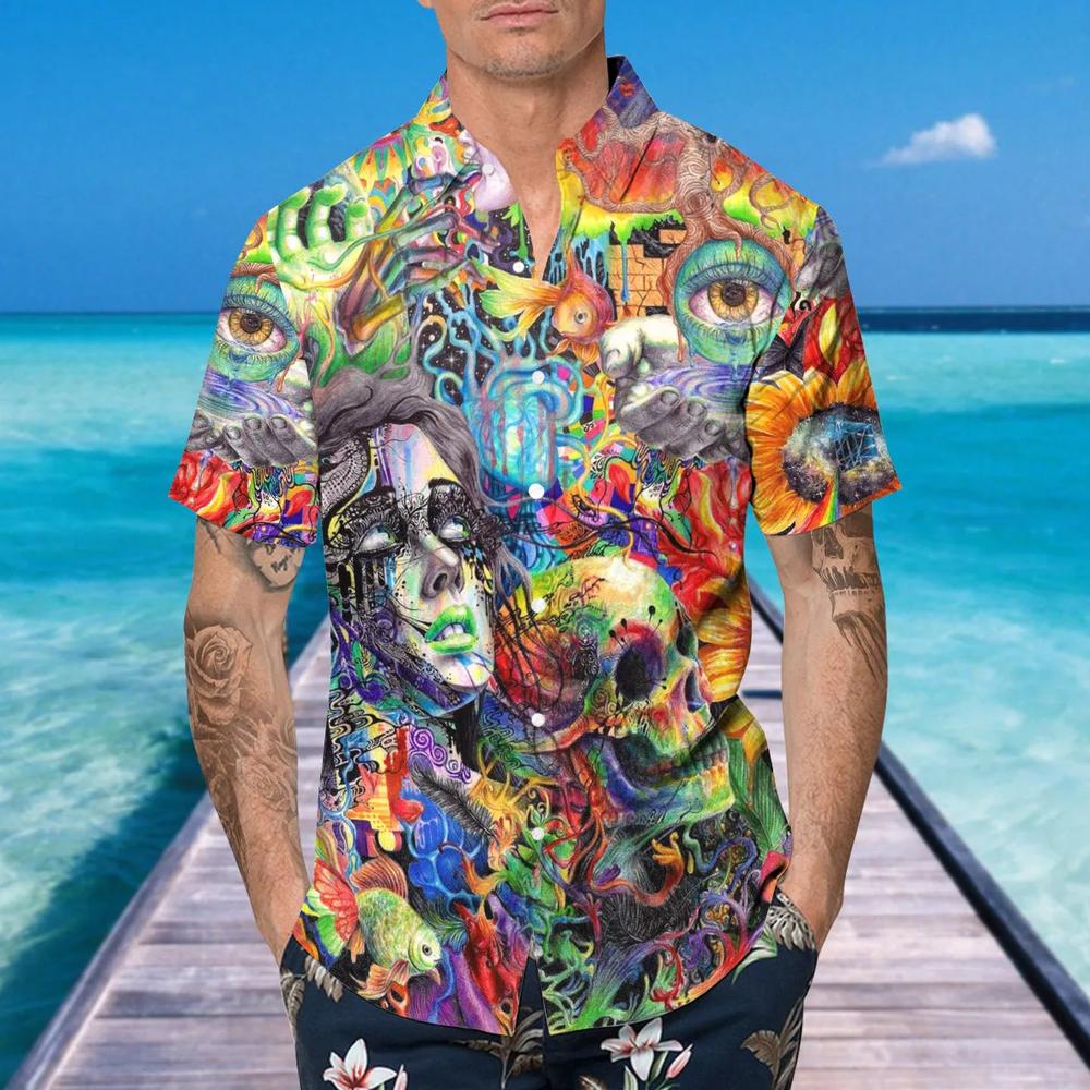 Generic Crazy Trippy Psychedelic Fantasy Colorful Skull Hawaiian Shirt