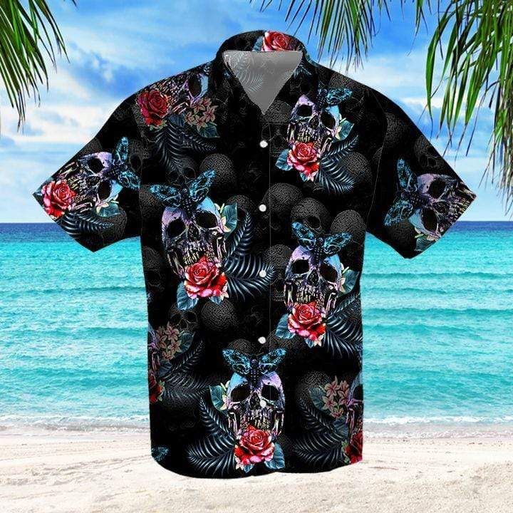 Get Here Skull Rose And Butterfly Black Aloha Hawaiian Shirt