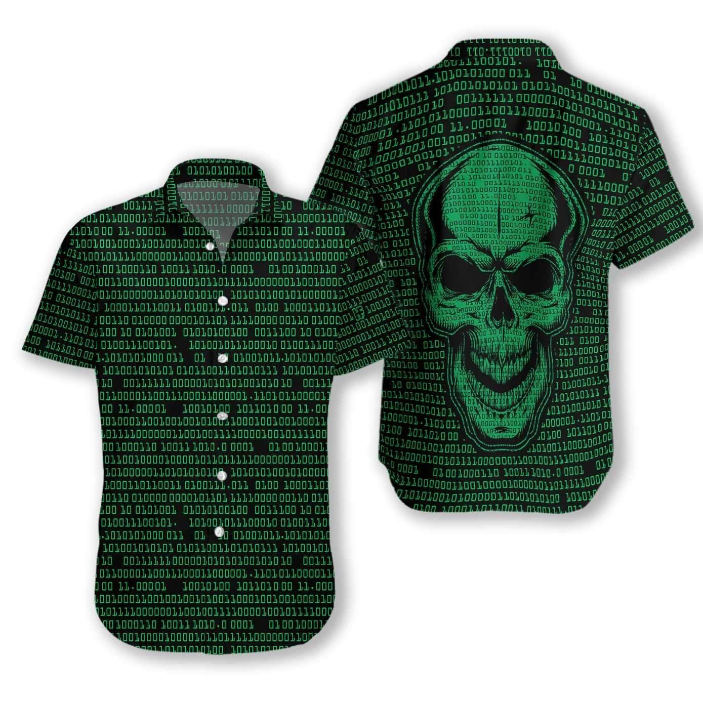 Get Now Binary Code Skull Dark Green Hawaiian Aloha Shirt