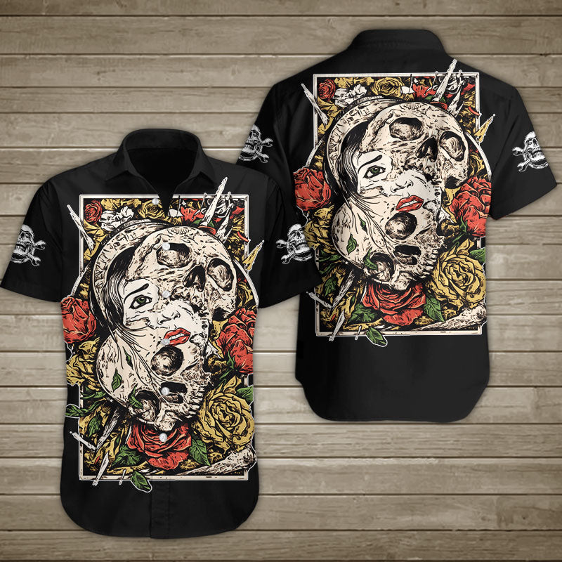 Girl With Human Skull And Roses Hawaiian Shirt Summer