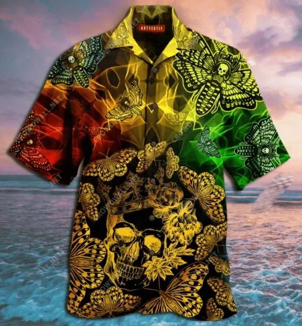 Golden Skull Colorful Butterfly Aloha Hawaiian Shirt Colorful Short Sleeve Summer Beach