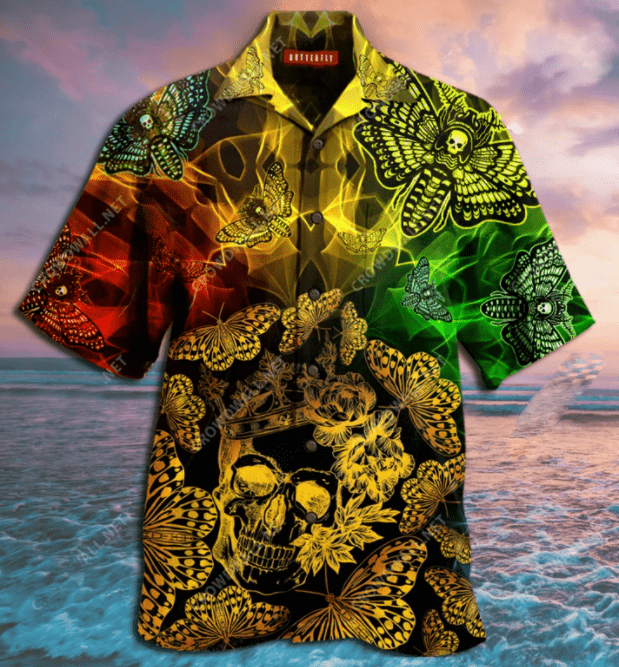 Golden Skull Colorful Butterfly Hawaiian Unisex Aloha Shirts