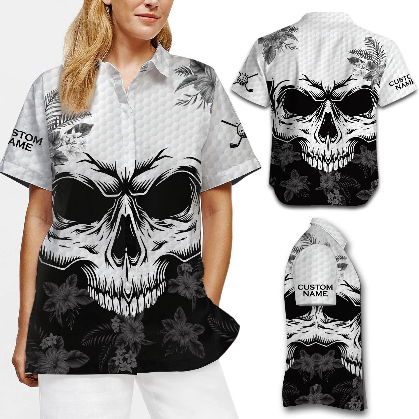 Golf Tropical Floral Skull Custom Name Women Hawaiian Shirt For Golfers