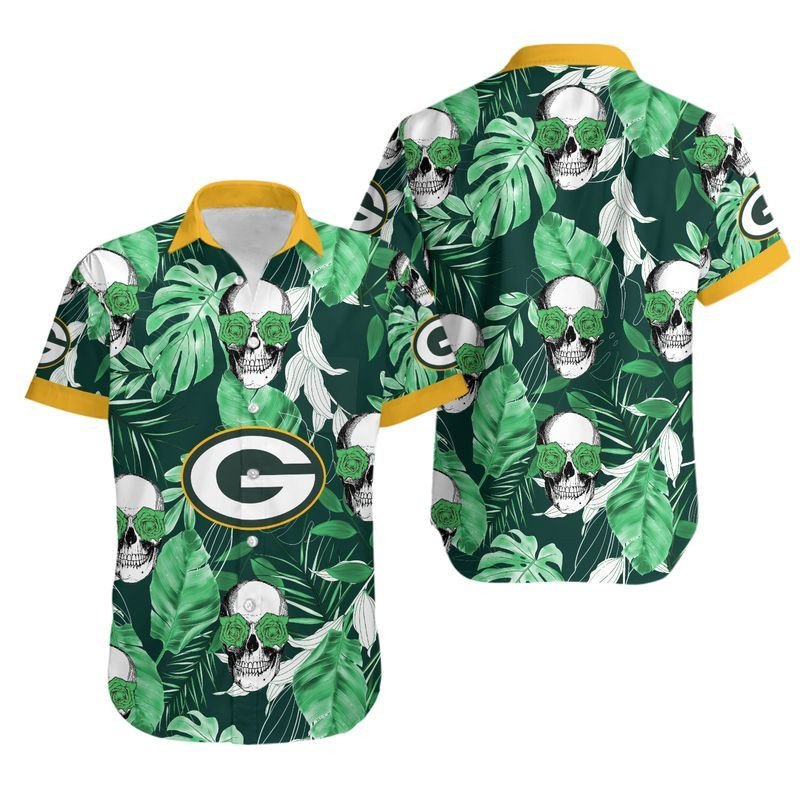 Green Bay Packers Coconut Leaves And Skulls Hawaiian Shirt For Fans-1