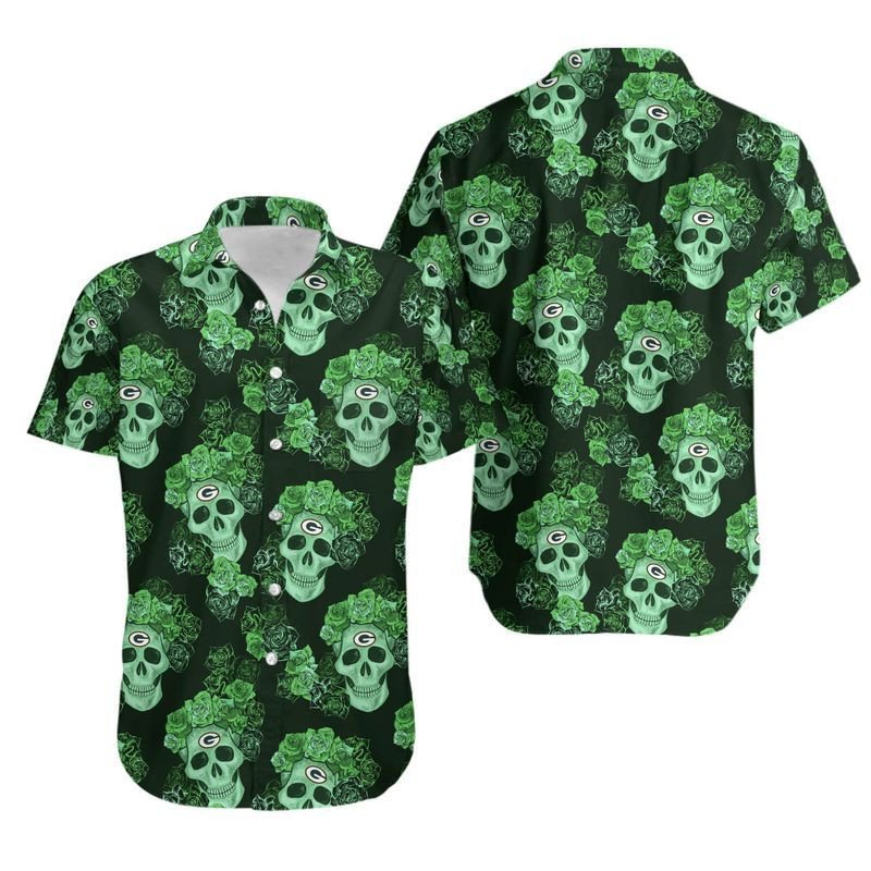 Green Bay Packers Mystery Skull And Flower Hawaiian Shirt For Fans-1