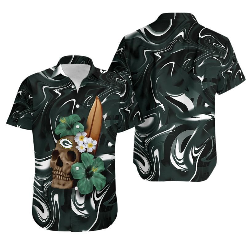 Green Bay Packers Skull And Hibiscus Flower Nfl Hawaiian Shirt For Fans-1