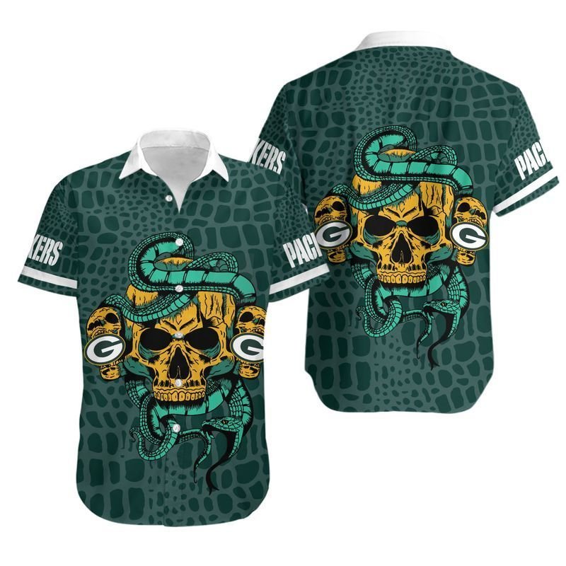 Green Bay Packers Snake And Skull Hawaiian Shirt For Fans-1