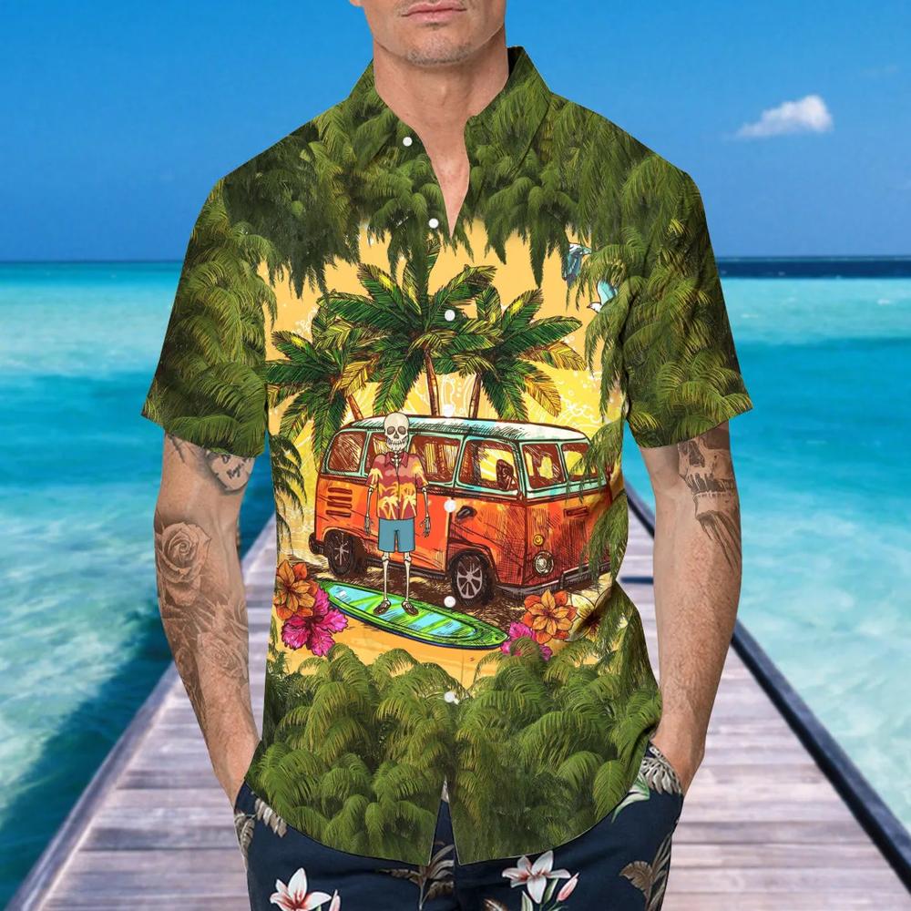 Green Beach And Skull Camper Hawaiian Shirt