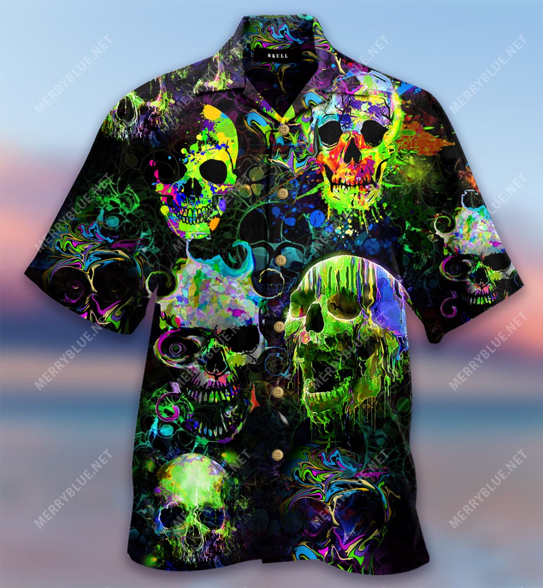 Green Color Splash Skulls Hawaiian Shirt