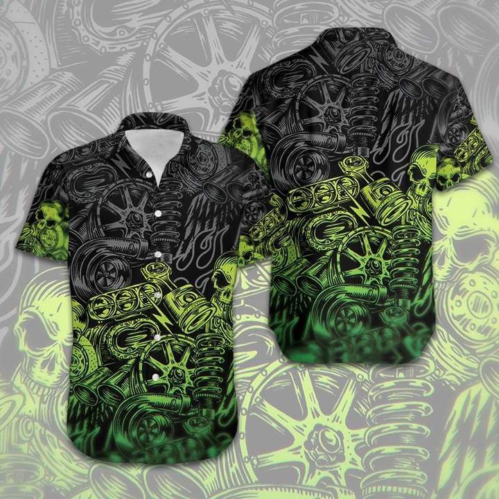 Green Motorbike Skull Mechanical Hawaiian Shirt Unisex