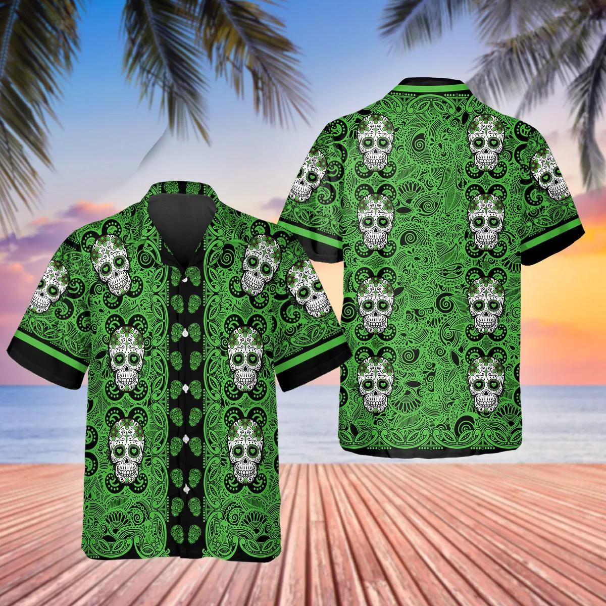 Green Pattern Color Skull Hawaiian Shirt