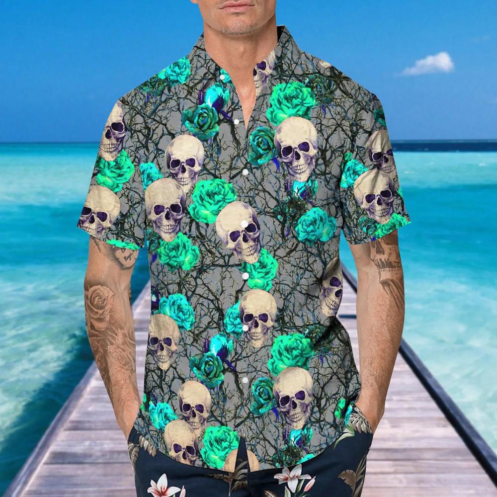 Green Roses Skull Hawaiian Shirt