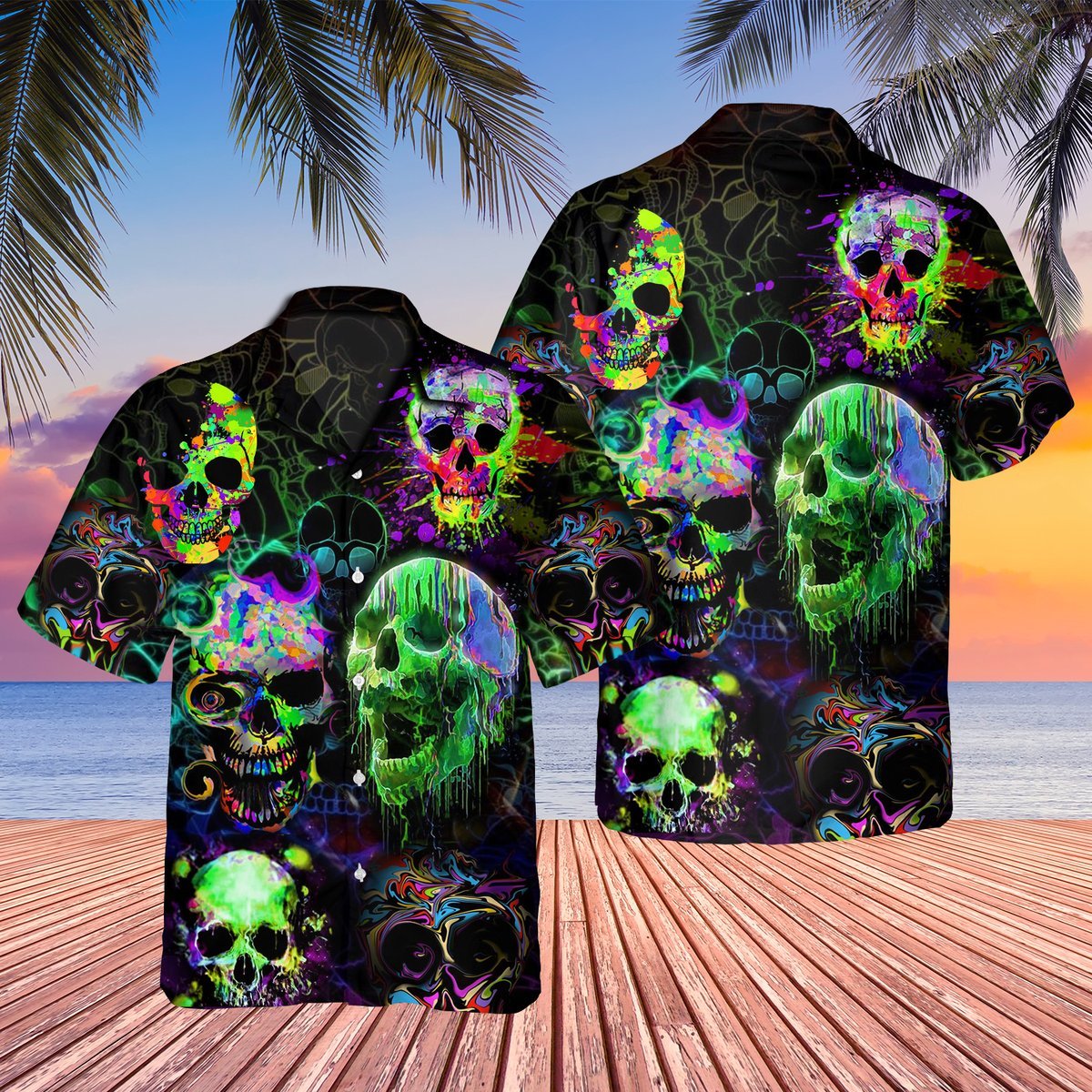 Green Splash Skull Hawaii Shirt Hawaiian Shirt For Men Hawaiian Shirt