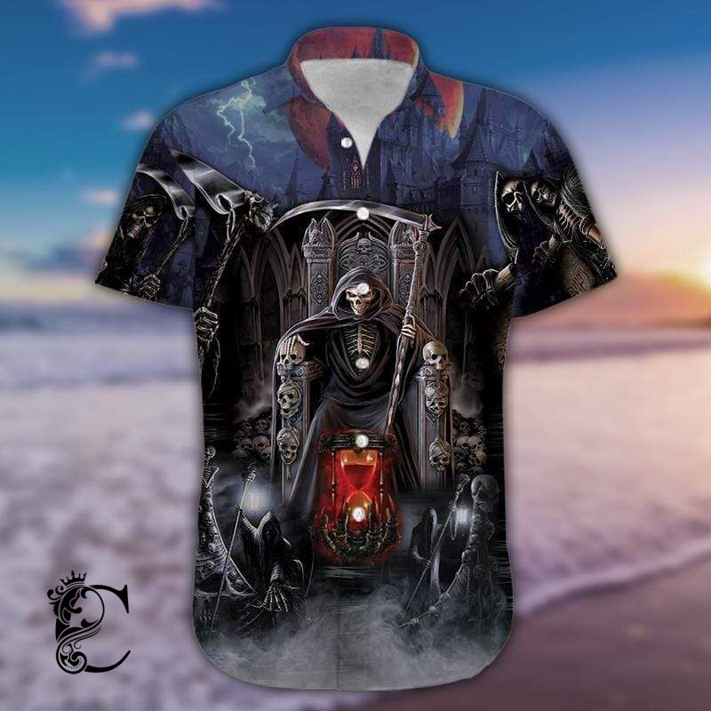 Grim Reaper Skeleton King Skull Gothic Unisex Hawaiian Aloha Shirts-1