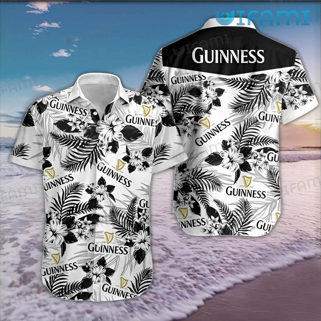 Guinness Hawaiian Shirt White Black Hibiscus Flower Beer Guinness Gift