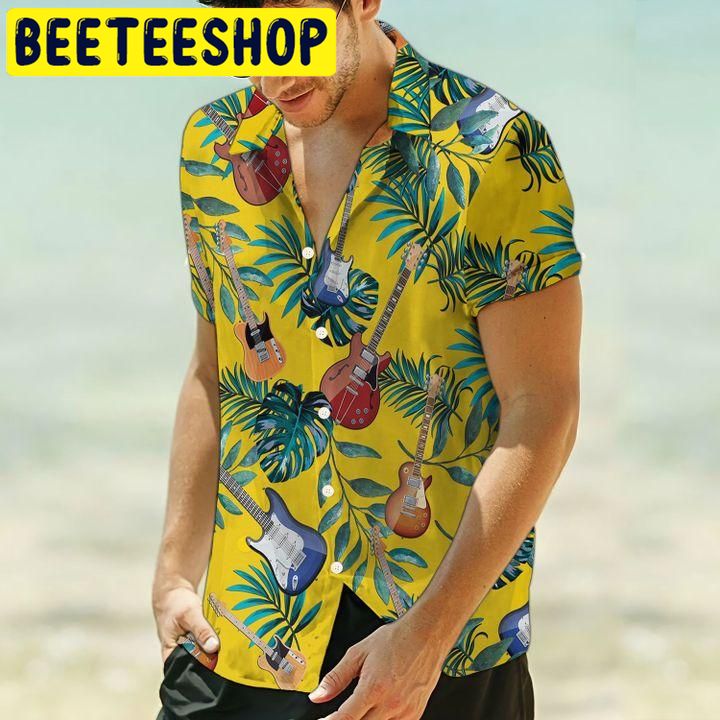 Guitar Yellow Tropical Leaves Hawaiian Shirt-1