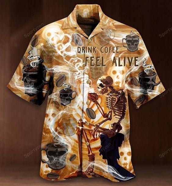 Halloween Skull Drink Coffee Feel Alive Hawaiian Aloha Shirt