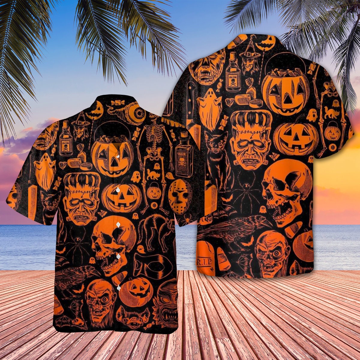 Halloween Skull Pumpkin Lantern Black Cat Skeleton Hawaiian Shirt