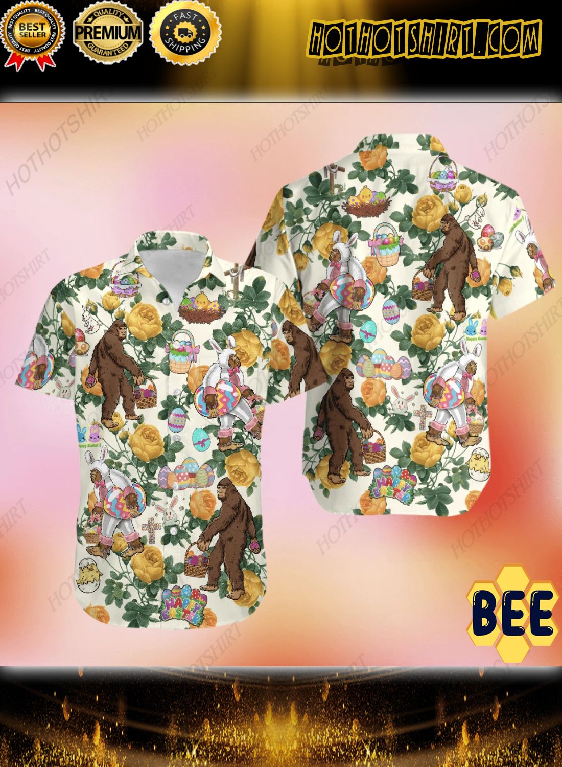 Happy Easter Bunny Bigfoot Hunting Eggs Trending Hawaiian Shirt-1