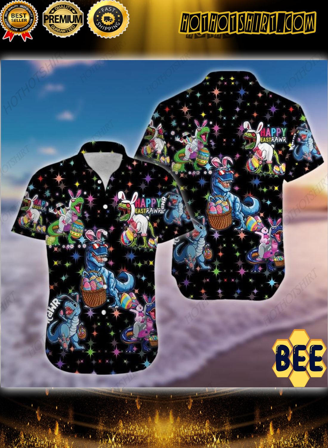 Happy Easter Raws T-rex Dinosaur Black Trending Hawaiian Shirt-1