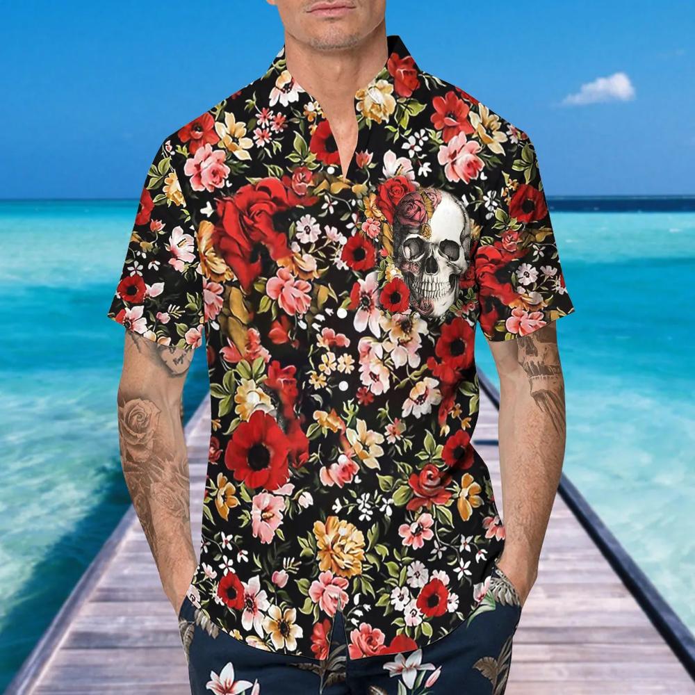 Happy Summer Flowers Grinning Skull Hawaiian Shirt T