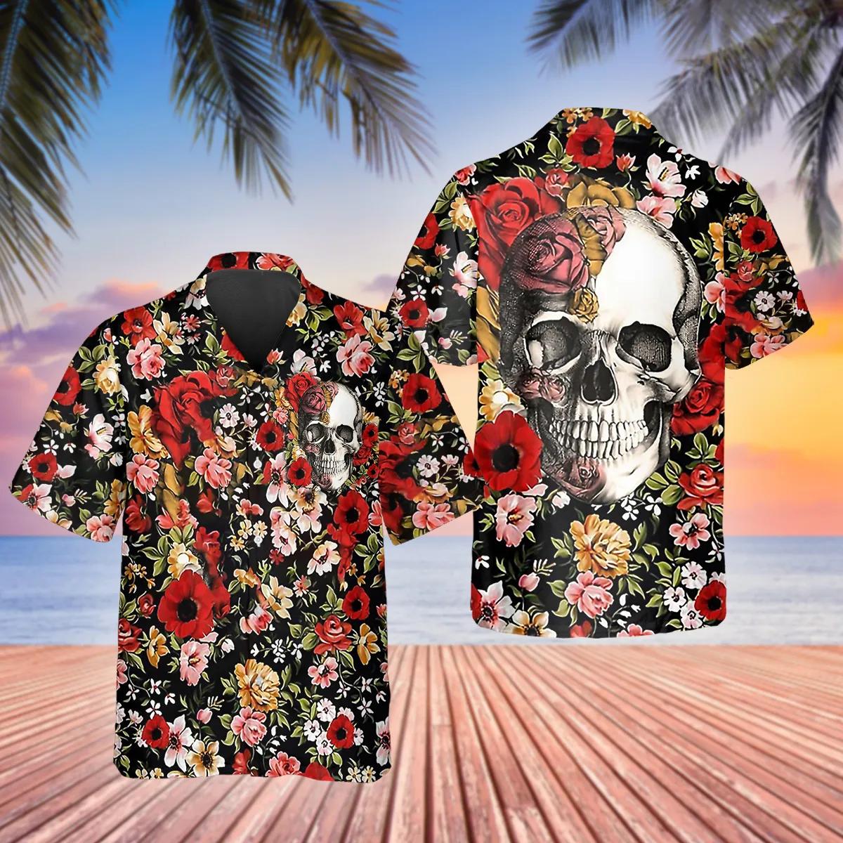 Happy Summer Flowers Grinning Skull Hawaiian Shirt