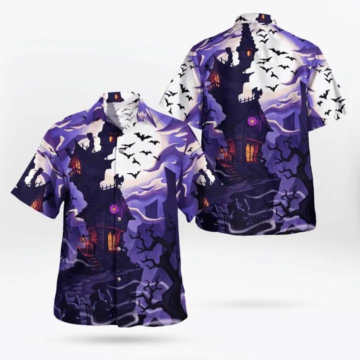 Haunted House At Full Moon Night Halloween Hawaiian Shirt