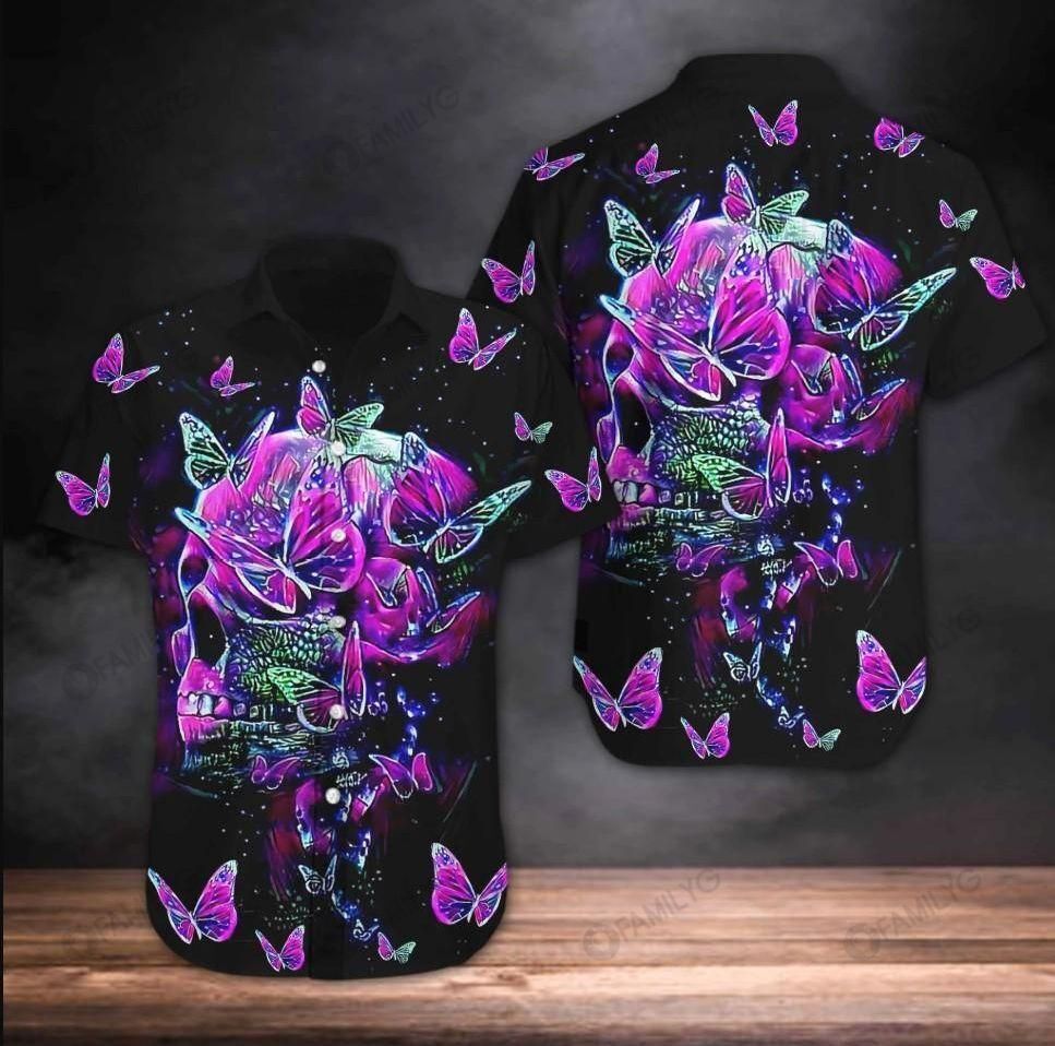 Hawaii Butterfly Skull Purple Unique Design Unisex Hawaiian Shirt Summer For Men Women Couple