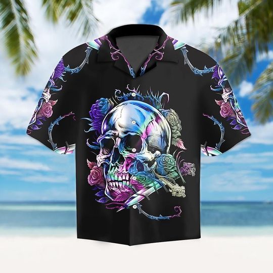 Hawaii Shirt – Holographic Skull Rose Thorn Gothic Unisex Hawaiian Shirts