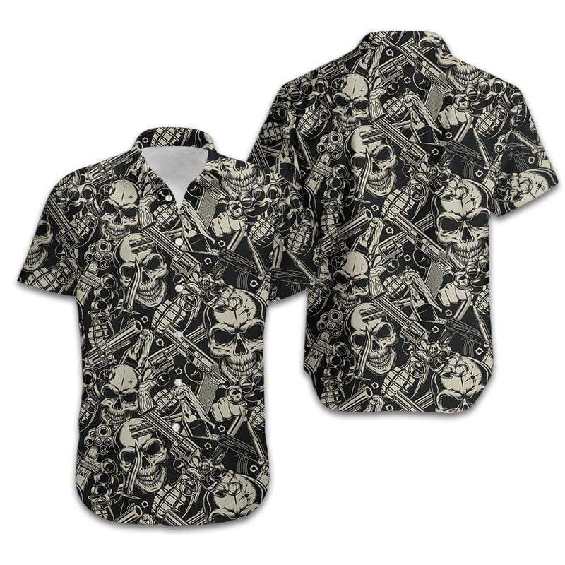 Hawaiian Aloha Shirt Made In Hawaii Guns And Skulls Pattern