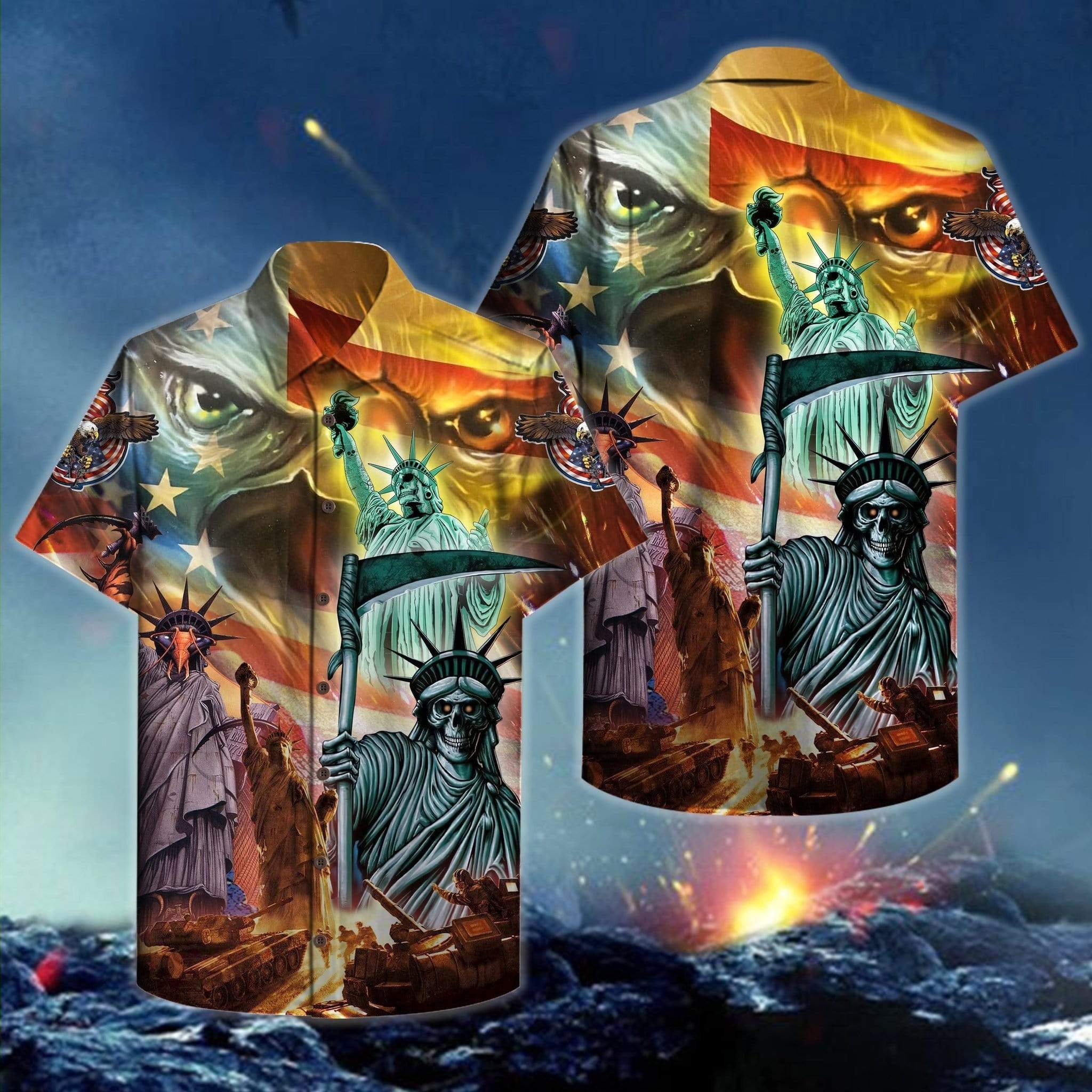 Hawaiian Aloha Shirts America Skull State Of Liberty