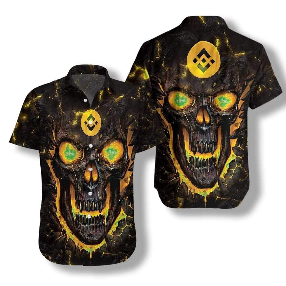 Hawaiian Aloha Shirts Binance Coin Skull Fire