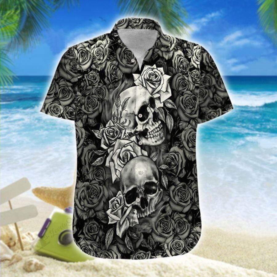 Hawaiian Aloha Shirts Black And White Skull Rose