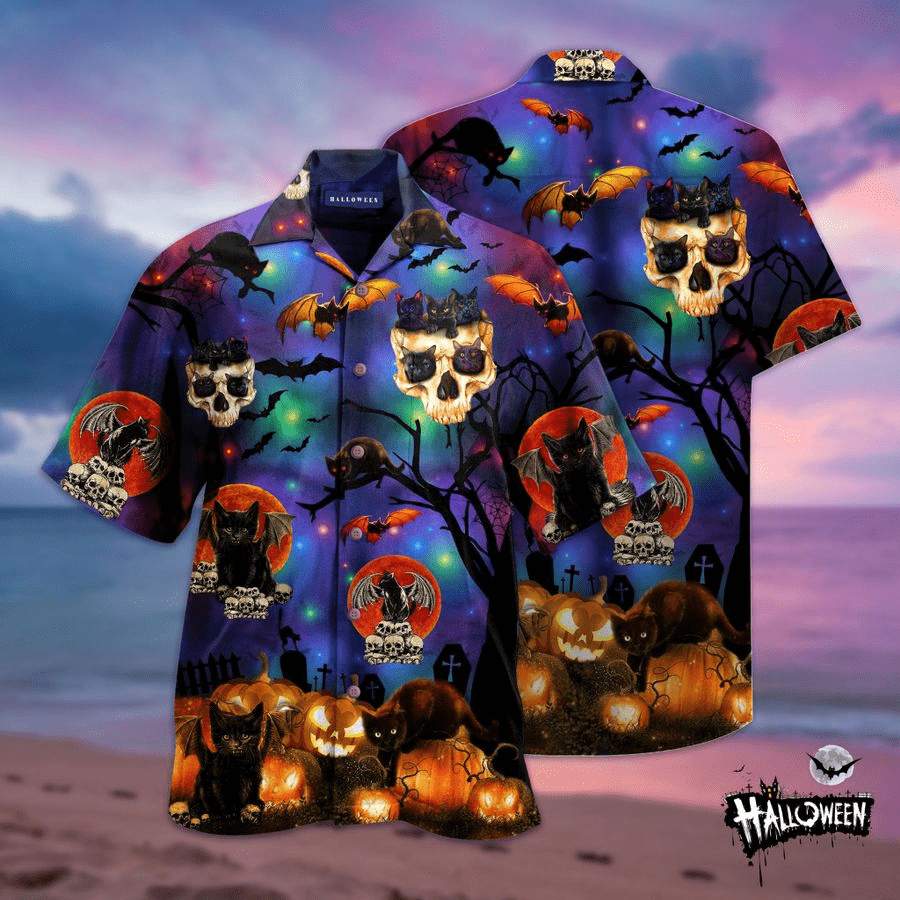 Hawaiian Aloha Shirts Halloween Skull Black Cat-1