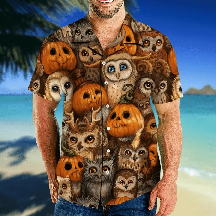 Hawaiian Aloha Shirts Owl Pumkin Halloween Print Aloha Short Sleeve Unisex Shirt