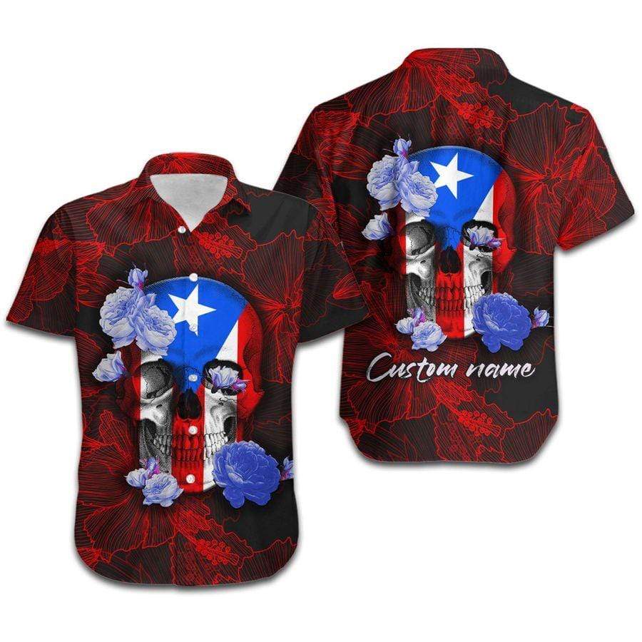 Hawaiian Aloha Shirts Puerto Rico Skull Red Lily Flower Custom Name