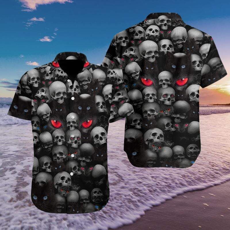 Hawaiian Aloha Shirts Red Eyes Cat And Skull